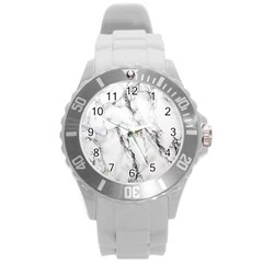 White Marble Stone Print Round Plastic Sport Watch (l) by Dushan