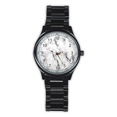 White Marble Stone Print Stainless Steel Round Watches by Dushan