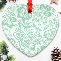 Mint Green And White Baroque Floral Pattern Ornament (heart) 