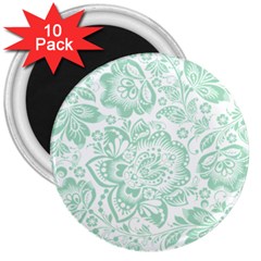 Mint Green And White Baroque Floral Pattern 3  Magnets (10 Pack) 