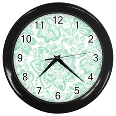 Mint Green And White Baroque Floral Pattern Wall Clocks (black) by Dushan