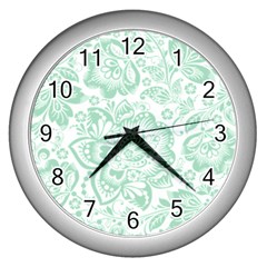 Mint Green And White Baroque Floral Pattern Wall Clocks (silver)  by Dushan