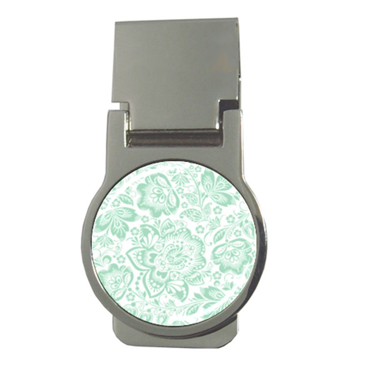 Mint green And White Baroque Floral Pattern Money Clips (Round) 