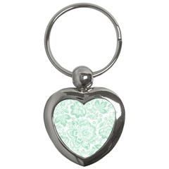 Mint Green And White Baroque Floral Pattern Key Chains (heart)  by Dushan