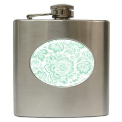 Mint Green And White Baroque Floral Pattern Hip Flask (6 Oz) by Dushan