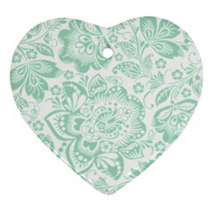 Mint Green And White Baroque Floral Pattern Heart Ornament (2 Sides) by Dushan