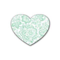 Mint Green And White Baroque Floral Pattern Rubber Coaster (heart)  by Dushan