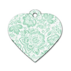 Mint Green And White Baroque Floral Pattern Dog Tag Heart (two Sides) by Dushan