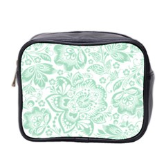 Mint Green And White Baroque Floral Pattern Mini Toiletries Bag 2-side by Dushan