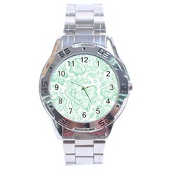 Mint Green And White Baroque Floral Pattern Stainless Steel Men s Watch by Dushan