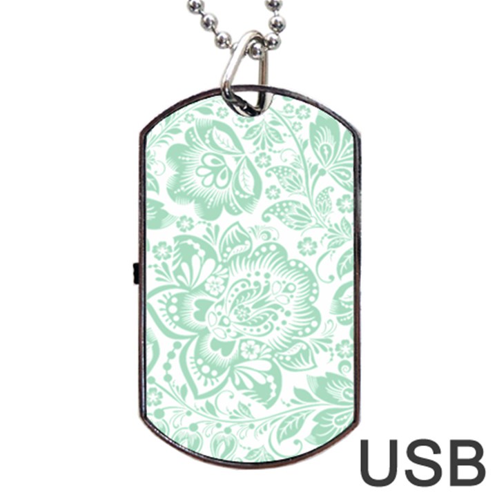 Mint green And White Baroque Floral Pattern Dog Tag USB Flash (One Side)