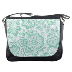 Mint Green And White Baroque Floral Pattern Messenger Bags by Dushan