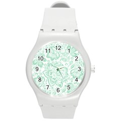 Mint Green And White Baroque Floral Pattern Round Plastic Sport Watch (m) by Dushan