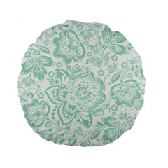 Mint Green And White Baroque Floral Pattern Standard 15  Premium Flano Round Cushions by Dushan