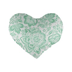 Mint Green And White Baroque Floral Pattern Standard 16  Premium Flano Heart Shape Cushions by Dushan