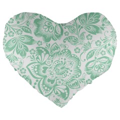 Mint Green And White Baroque Floral Pattern Large 19  Premium Flano Heart Shape Cushions by Dushan