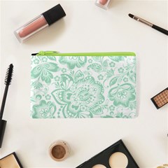 Mint Green And White Baroque Floral Pattern Cosmetic Bag (xs) by Dushan