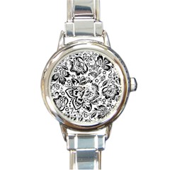 Black Floral Damasks Pattern Baroque Style Round Italian Charm Watches by Dushan