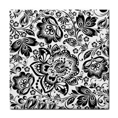 Black Floral Damasks Pattern Baroque Style Tile Coasters by Dushan