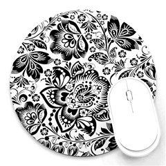 Black Floral Damasks Pattern Baroque Style Round Mousepads by Dushan