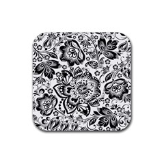 Black Floral Damasks Pattern Baroque Style Rubber Coaster (square)  by Dushan