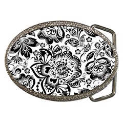 Black Floral Damasks Pattern Baroque Style Belt Buckles by Dushan