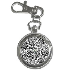 Black Floral Damasks Pattern Baroque Style Key Chain Watches by Dushan