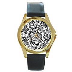 Black Floral Damasks Pattern Baroque Style Round Gold Metal Watches by Dushan