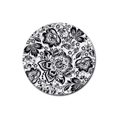 Black Floral Damasks Pattern Baroque Style Rubber Round Coaster (4 Pack)  by Dushan