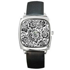 Black Floral Damasks Pattern Baroque Style Square Metal Watches by Dushan