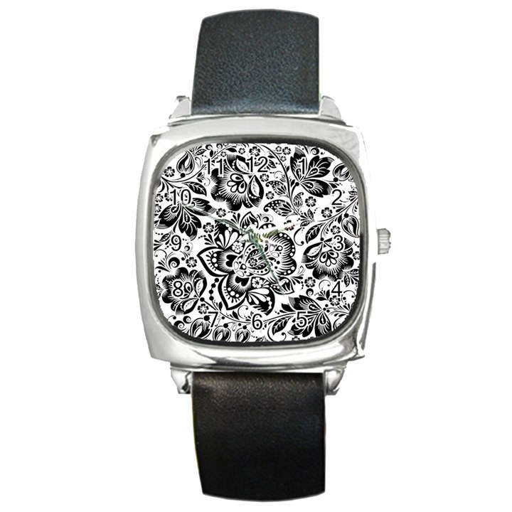 Black Floral Damasks Pattern Baroque Style Square Metal Watches