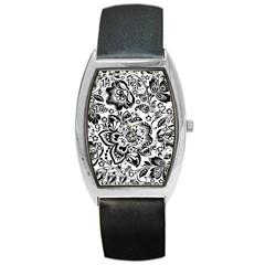 Black Floral Damasks Pattern Baroque Style Barrel Metal Watches by Dushan