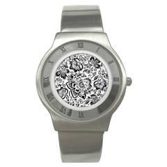 Black Floral Damasks Pattern Baroque Style Stainless Steel Watches by Dushan