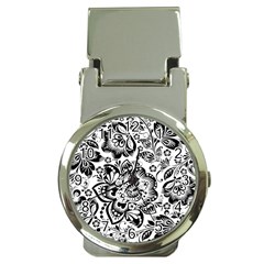 Black Floral Damasks Pattern Baroque Style Money Clip Watches by Dushan