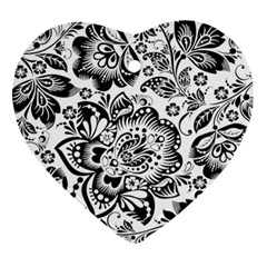 Black Floral Damasks Pattern Baroque Style Heart Ornament (2 Sides) by Dushan