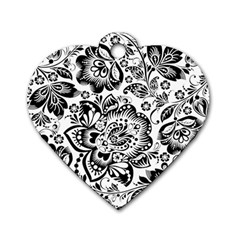 Black Floral Damasks Pattern Baroque Style Dog Tag Heart (one Side) by Dushan