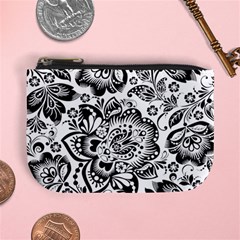 Black Floral Damasks Pattern Baroque Style Mini Coin Purses by Dushan