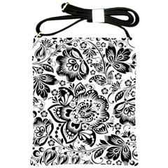 Black Floral Damasks Pattern Baroque Style Shoulder Sling Bags by Dushan