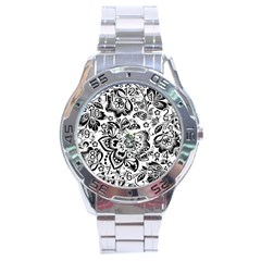 Black Floral Damasks Pattern Baroque Style Stainless Steel Men s Watch by Dushan