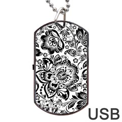 Black Floral Damasks Pattern Baroque Style Dog Tag Usb Flash (two Sides)  by Dushan