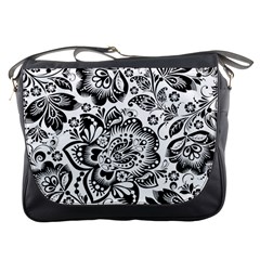 Black Floral Damasks Pattern Baroque Style Messenger Bags by Dushan