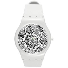 Black Floral Damasks Pattern Baroque Style Round Plastic Sport Watch (m) by Dushan