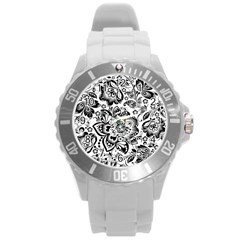 Black Floral Damasks Pattern Baroque Style Round Plastic Sport Watch (l) by Dushan