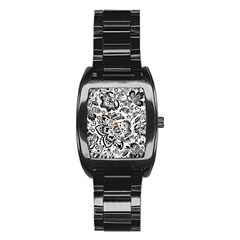 Black Floral Damasks Pattern Baroque Style Stainless Steel Barrel Watch by Dushan