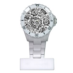 Black Floral Damasks Pattern Baroque Style Nurses Watches by Dushan