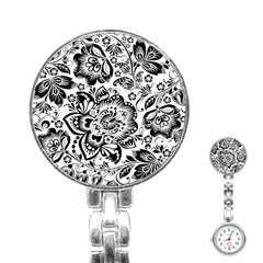 Black Floral Damasks Pattern Baroque Style Stainless Steel Nurses Watches by Dushan