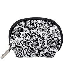 Black Floral Damasks Pattern Baroque Style Accessory Pouches (small)  by Dushan