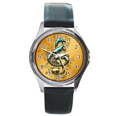 Music, Clef With Fairy And Floral Elements Round Metal Watches by FantasyWorld7