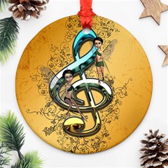 Music, Clef With Fairy And Floral Elements Ornament (round)  by FantasyWorld7