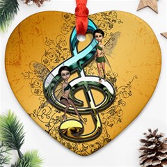 Music, Clef With Fairy And Floral Elements Ornament (heart)  by FantasyWorld7